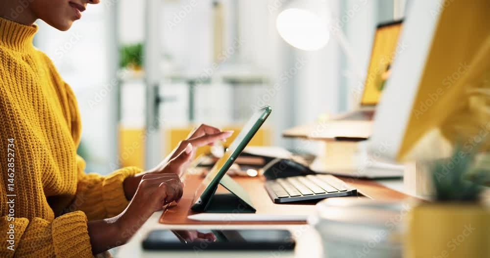 Aufkleber person, hands and graphic designer with tablet or interactive display for research and development. 