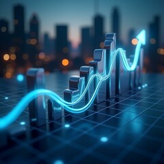 A futuristic dark blue-gray gradient background with subtle grid lines serves as the canvas for a dynamic 3D financial graph, showcasing a series of glossy silver bar charts with rounded edges, varyin
