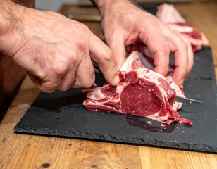 Hands Trimming Lamb Chops on Slate Board in Rustic Butcher Shop