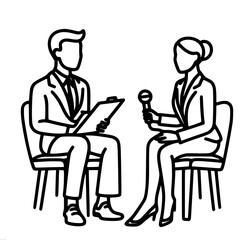 Fototapeta premium Interview between two people sitting on chairs with microphone and clipboard, vector outline of one line