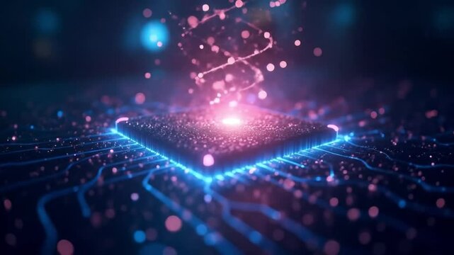 Part&iacute;culas abstractas girando alrededor de un procesador cu&aacute;ntico
