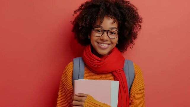Portrait of a young student smiling. She wears glasses, a backpack, and a red scarf with sweater holding books. The background is solid red, creating a bright and warm, welcoming atmosphere.