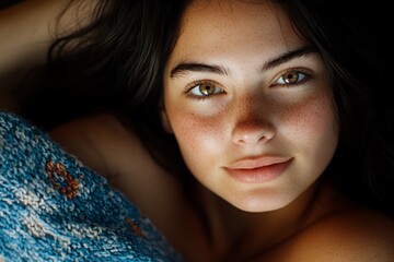 Radiant freckled complexion, captivating eyes, portrait of natural beauty