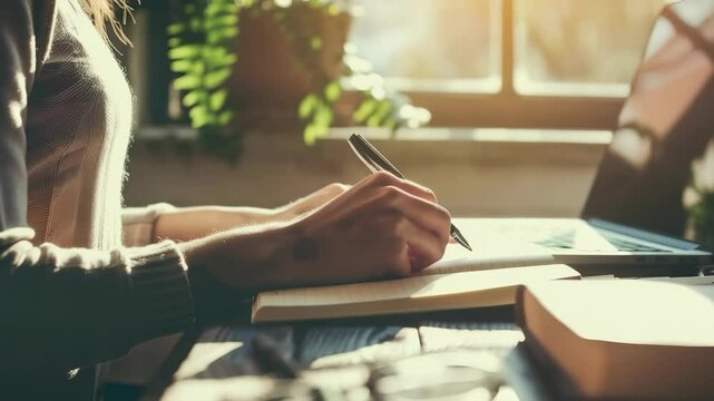 A woman is writing in a journal with a pen while sitting at a wooden desk next to a laptop. Sunlight streams through the window, illuminating a green plant. The setting is cozy and inviting.