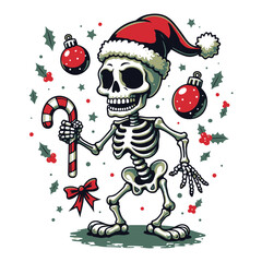 A retro-style graphic featuring a cartoon-like skeleton dressed in a Santa hat