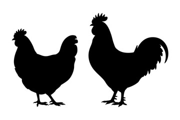 Black silhouette of hen and rooster farm animals