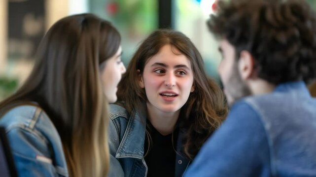 A close-up shot features three young adults engaged in lively conversation. The two women wear casual denim jackets, their faces illuminated by smiles, while the man is partially visible.