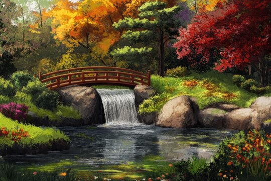 In Holland Park, a Japanese green garden in London, UK, features a serene zen lake and pond with water, surrounded by maple trees and a bridge, perfect for a long exposure shot of a waterfall