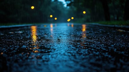 Rainy road reflects lights amid dark trees