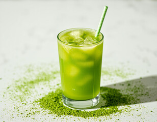 Matcha Sparkle cocktail with vivid green color and edible glitter, combining wellness trends with stylish, modern presentation