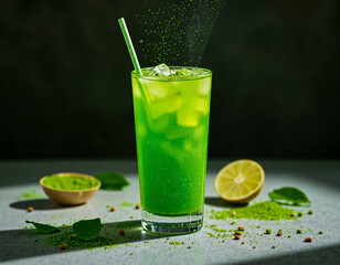 Matcha Sparkle cocktail with vivid green color and edible glitter, combining wellness trends with stylish, modern presentation