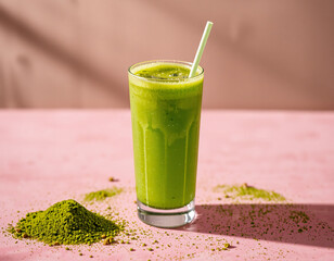 Matcha Sparkle cocktail with vivid green color and edible glitter, combining wellness trends with stylish, modern presentation