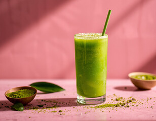 Matcha Sparkle cocktail with vivid green color and edible glitter, combining wellness trends with stylish, modern presentation