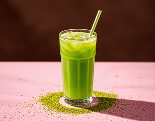 Matcha Sparkle cocktail with vivid green color and edible glitter, combining wellness trends with stylish, modern presentation