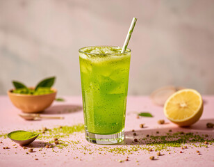 Matcha Sparkle cocktail with vivid green color and edible glitter, combining wellness trends with stylish, modern presentation