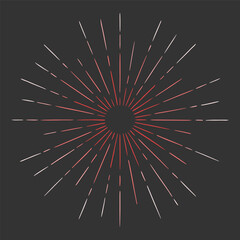 Vector hand drawn illustration of light rays, firework, sunburst. Vintage style element, round frame, isolated on black background.