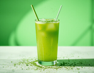 Matcha Sparkle cocktail with vivid green color and edible glitter, combining wellness trends with stylish, modern presentation