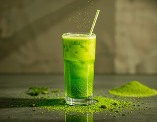 Matcha Sparkle cocktail with vivid green color and edible glitter, combining wellness trends with stylish, modern presentation