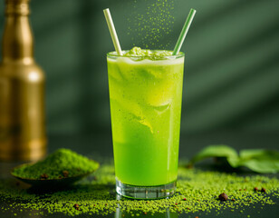 Matcha Sparkle cocktail with vivid green color and edible glitter, combining wellness trends with stylish, modern presentation