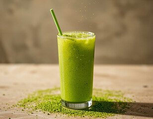 Matcha Sparkle cocktail with vivid green color and edible glitter, combining wellness trends with stylish, modern presentation
