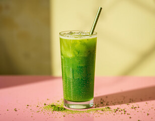 Matcha Sparkle cocktail with vivid green color and edible glitter, combining wellness trends with stylish, modern presentation