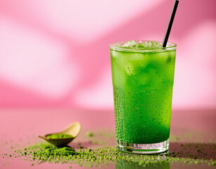 Matcha Sparkle cocktail with vivid green color and edible glitter, combining wellness trends with stylish, modern presentation
