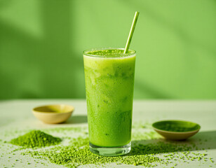 Matcha Sparkle cocktail with vivid green color and edible glitter, combining wellness trends with stylish, modern presentation
