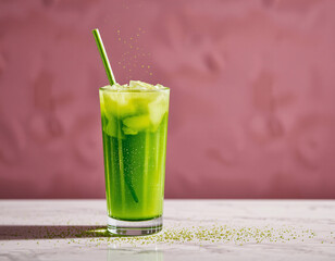Matcha Sparkle cocktail with vivid green color and edible glitter, combining wellness trends with stylish, modern presentation