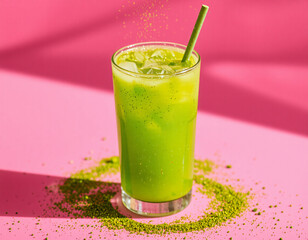 Matcha Sparkle cocktail with vivid green color and edible glitter, combining wellness trends with stylish, modern presentation