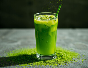 Matcha Sparkle cocktail with vivid green color and edible glitter, combining wellness trends with stylish, modern presentation