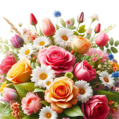 Colorful Realistic Flower Bouquet with Roses, Tulips, and Daisies on White Background