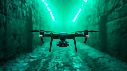 A camera drone hovers in a neon-lit, futuristic tunnel, surrounded by glowing green lights and misty walls.