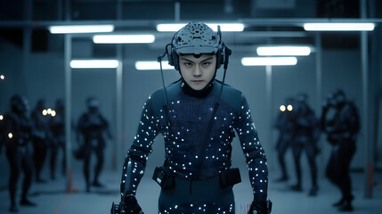 A person in a motion capture suit stands before a group of similarly dressed figures.