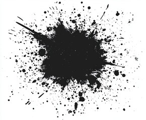 Abstract black ink splatter on white background.  Detailed content includes radiating splotches, dots, and streaks