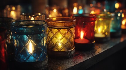 Flickering Candlelight in Multicolored Glass Holders at Night