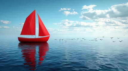 Red boat glides on sea with birds in the distance