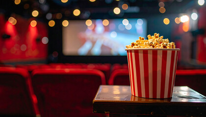 A bucket of fresh popcorn sits on a small table in a vintage movie theater setting inside.