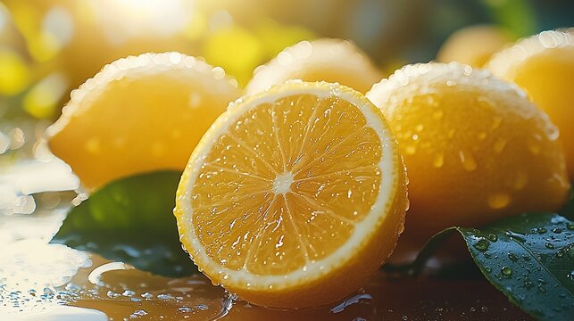 Juicy lemon halves and whole lemons with water droplets on leaves