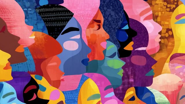 Diverse abstract faces in profile with bright, colorful palette, celebrating unity and collaboration, symbolizing community with varied ethnicity, digital art