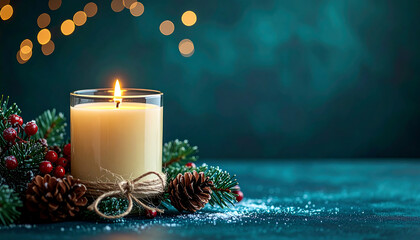 A festive white candle burns brightly amid Christmas decorations on a blue textured surface.