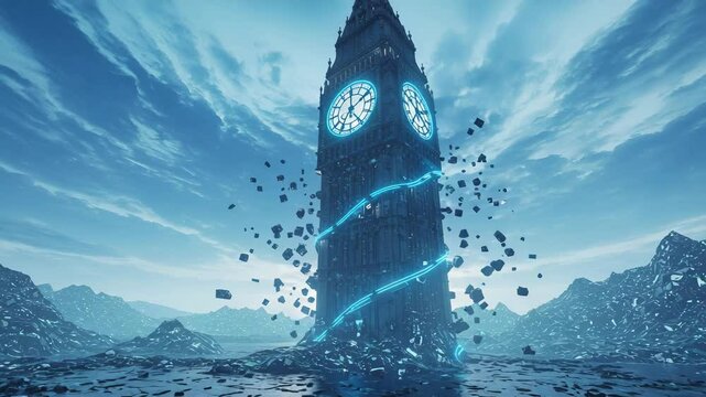 Futuristic clock tower amidst desolate landscape