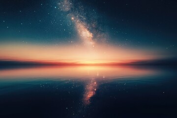 Obraz premium Milky Way galaxy reflected in a calm ocean during a vibrant sunset, a celestial masterpiece.