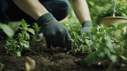 Naklejka premium Gardener Planting Seedlings in Soil