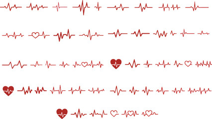 Red heartbeat line vectors with heart symbols — ECG, EKG, cardiology, medical pulse, and health monitoring clipart