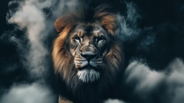 Majestic lion emerges from swirling mist with fierce determination.
