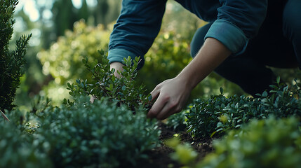 Fototapeta premium Person Tending to Plants in a Garden