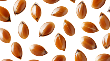 A close-up of flaxseeds centered on a solid white background, brown seeds with fine texture, studio lighting with soft shadows --v 6.1 
