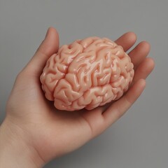In an open hand, a detailed model of a human brain with prominent red veins is presented, illustrating the brain's complex anatomy, image