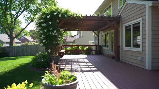 View of a wooden deck with pergola and benches attached to a beige house side