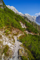 Obraz premium Scenic summer landscape of Mangart mountain (2679m), Triglav National Park, Julian Alps, Europe 
